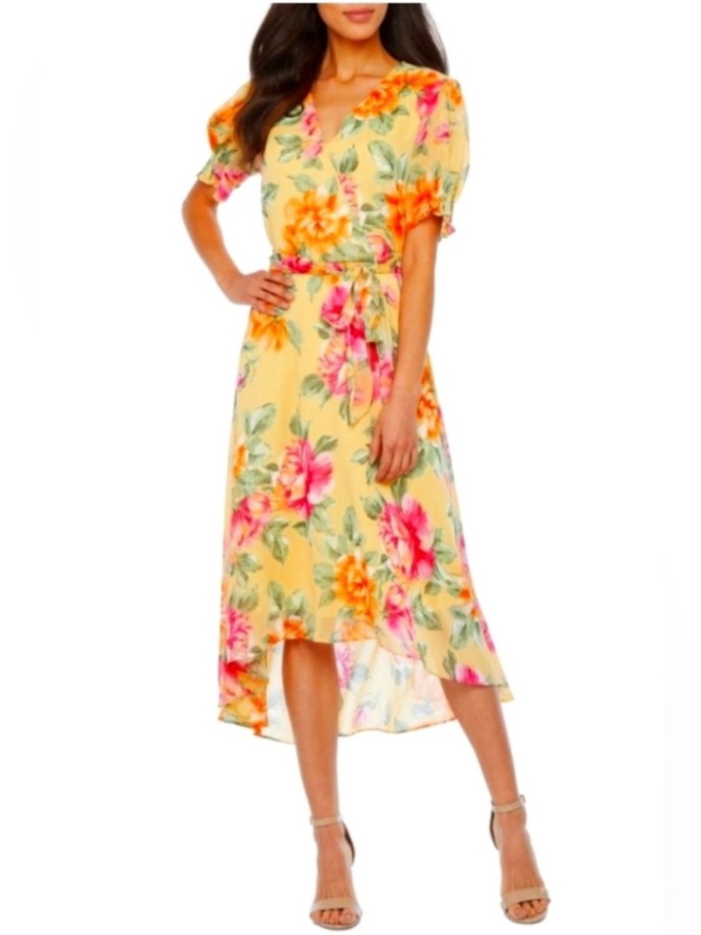 EMMA & MICHELE WOMENS DRESS SIZE 8 FLORAL YELLOW KNEE LENGTH